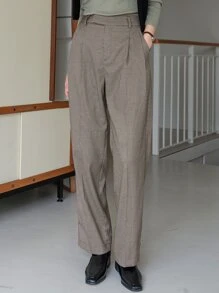 DAZY Houndstooth Straight Leg Tailored Trousers - Khaki - View 7