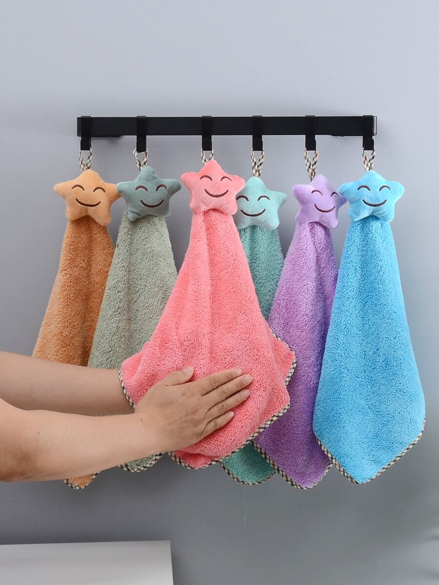 1 chiếc khăn lau tay màu ngẫu nhiên họa tiết ngôi sao có dây đeo, khăn lau tay mềm mại thấm hút bằng vải lông san hô dễ thương khi quay lại trường - Nhiều màu - Xem 1