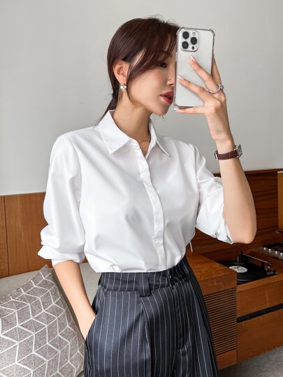 DAZY 女士时尚优雅日常白色夏季隐形纽扣衬衫，女士休闲长袖翻领常规版型衬衫，专业工作服上衣