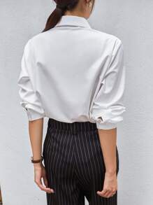 DAZY 纯色隐形纽扣前襟衬衫，女士休闲纽扣长袖领口常规版型常规白色常规袖衬衫女式衬衫，春季/秋季，职业/商务装/工作服，长袖上衣，返校服 - 白色 - 查看 2