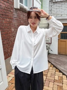 DAZY 纯色隐形纽扣前襟衬衫，女士休闲纽扣长袖领口常规版型常规白色常规袖衬衫女式衬衫，春季/秋季，职业/商务装/工作服，长袖上衣，返校服 - 白色 - 查看 3