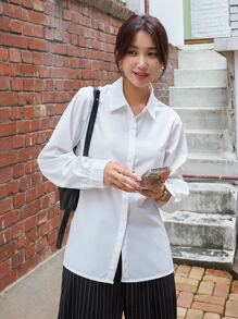 DAZY 纯色隐形纽扣前襟衬衫，女士休闲纽扣长袖领口常规版型常规白色常规袖衬衫女式衬衫，春季/秋季，职业/商务装/工作服，长袖上衣，返校服 - 白色 - 查看 11