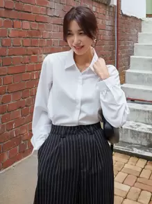 DAZY 纯色隐形纽扣前襟衬衫，女士休闲纽扣长袖领口常规版型常规白色常规袖衬衫女式衬衫，春季/秋季，职业/商务装/工作服，长袖上衣，返校服 - 白色 - 查看 6