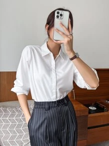 DAZY 纯色隐形纽扣前襟衬衫，女士休闲纽扣长袖领口常规版型常规白色常规袖衬衫女式衬衫，春季/秋季，职业/商务装/工作服，长袖上衣，返校服 - 白色 - 查看 12