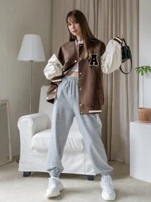 DAZY 字母拼接彩色拼接飛行外套 - 棕色 - 查看 4