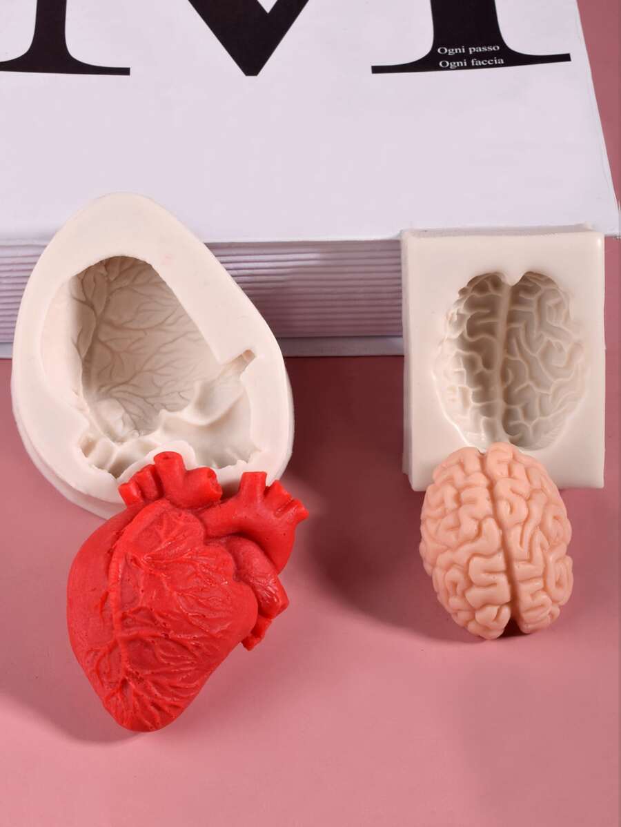 2pcs Simulation Organ Heart Shaped Silicone Mold, Halloween 3D Fondant Mold For DIY Pudding Chocolate Candy Desserts, Cake Decorating Supplies, Baking Supplies, Kitchen Items, Halloween Decor, Halloween Supplies, Weird Stuff, Unusual Items - Grey - View 1