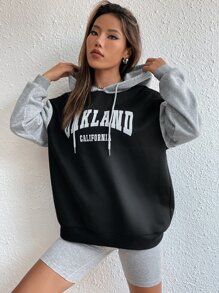 SHEIN Unity Letter Graphic Colourblock Drop Shoulder Drawstring Thermal Hoodie - Black - View 3