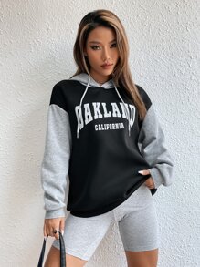 SHEIN Unity Letter Graphic Colourblock Drop Shoulder Drawstring Thermal Hoodie - Black - View 4