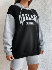 SHEIN Unity Letter Graphic Colourblock Drop Shoulder Drawstring Thermal Hoodie - Black - View 6