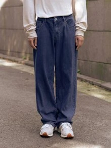 Manfinity RebelGame 男士棉斜口袋闊腿牛仔褲 - 深色水洗藍 - 查看 1