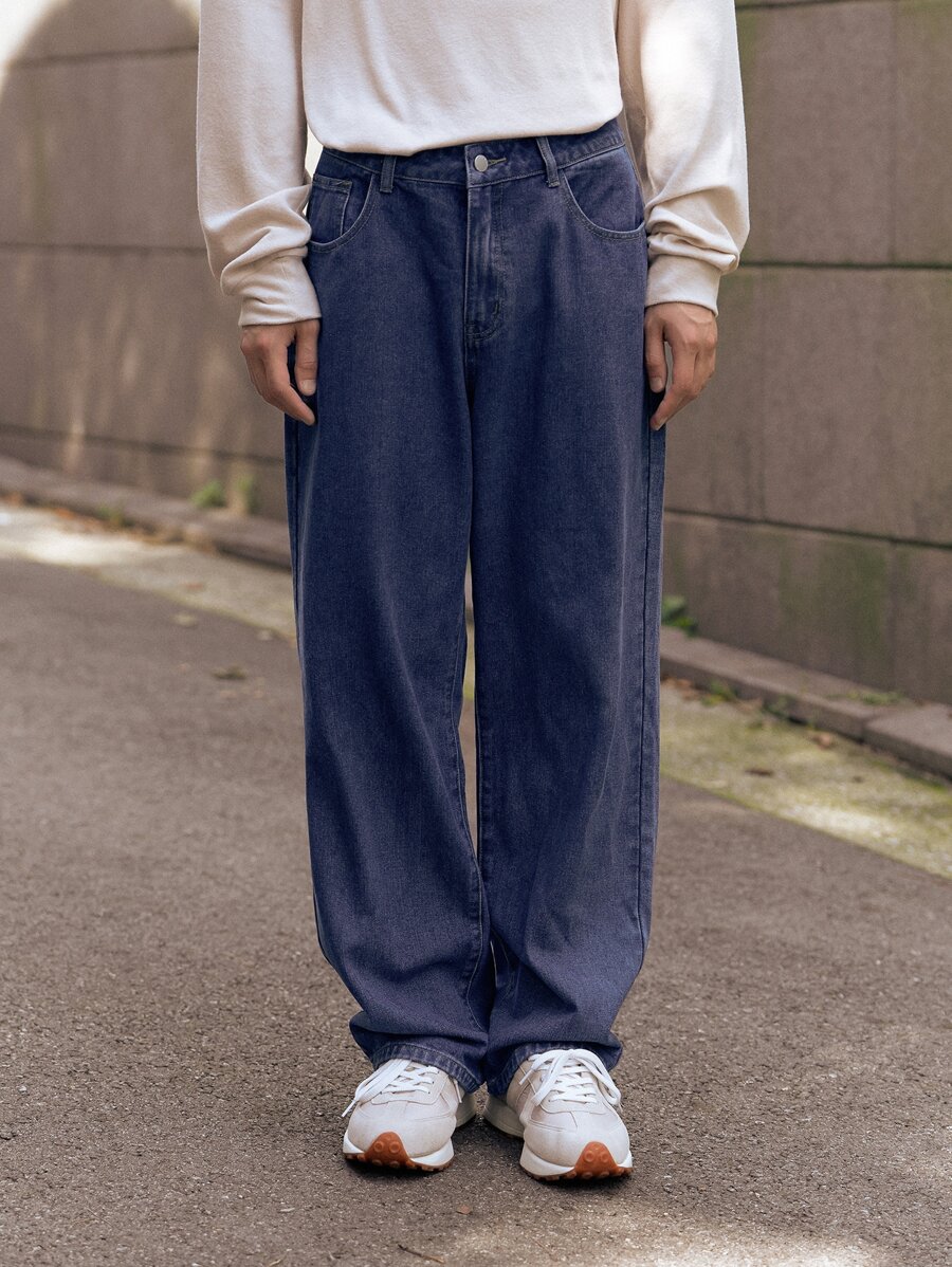 Manfinity RebelGame 男士棉斜口袋闊腿牛仔褲 - 深色水洗藍 - 查看 1