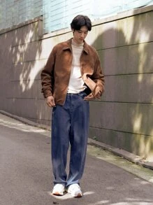 Manfinity RebelGame 男士棉斜口袋闊腿牛仔褲 - 深色水洗藍 - 查看 5