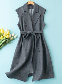 Plus Lapel Neck Belted Vest Overcoat - Dark Grey - View 1
