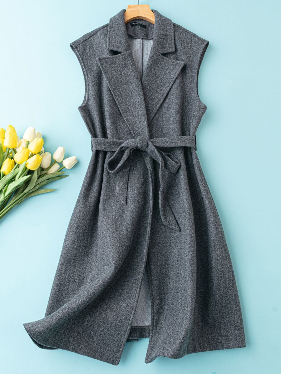 Plus Lapel Neck Belted Vest Overcoat - Dark Grey - View 1