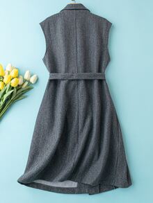 Plus Lapel Neck Belted Vest Overcoat - Dark Grey - View 2