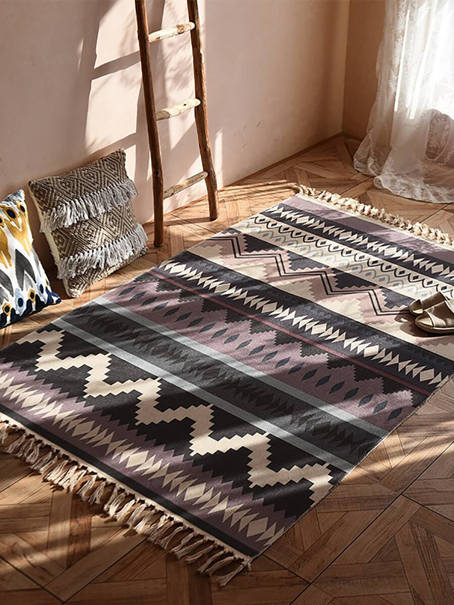 Geometric Pattern Fringe Trim Rug - Multicolor - View 1