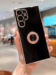 1 chiếc ốp lưng điện thoại mạ 3D màu trơn có giá đỡ ngón tay, tương thích với Samsung Galaxy S24 Ultra 5g, phiên bản quốc tế, không phải phiên bản nội địa. - màu đen - Xem 1