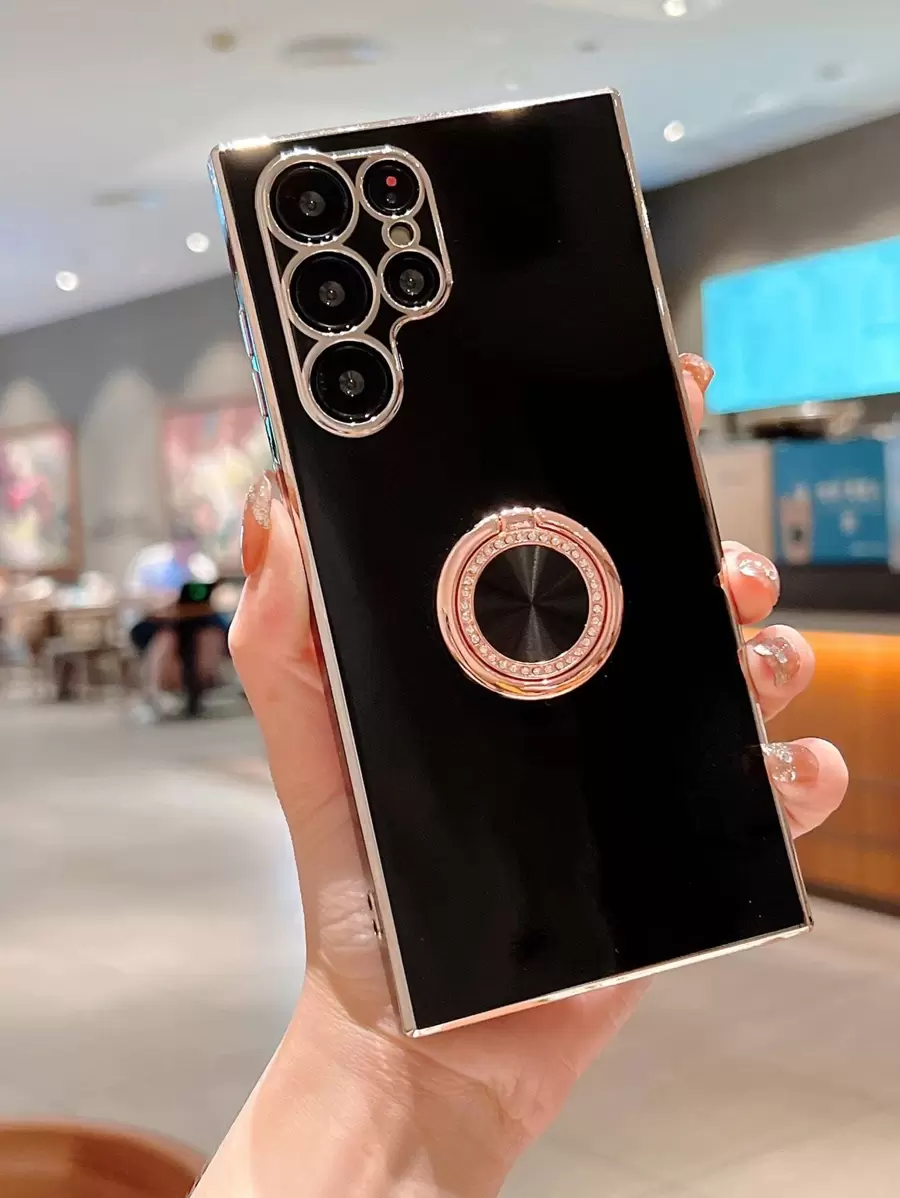 1 chiếc ốp lưng điện thoại mạ 3D màu trơn có giá đỡ ngón tay, tương thích với Samsung Galaxy S24 Ultra 5g, phiên bản quốc tế, không phải phiên bản nội địa. - màu đen - Xem 1