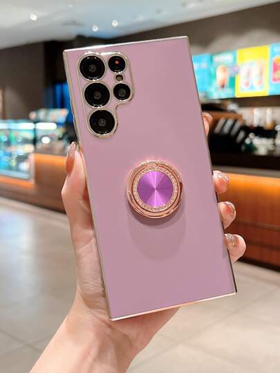 1入實色3d電鍍手指環支架手機殼,適用於galaxy S24 Ultra 5g