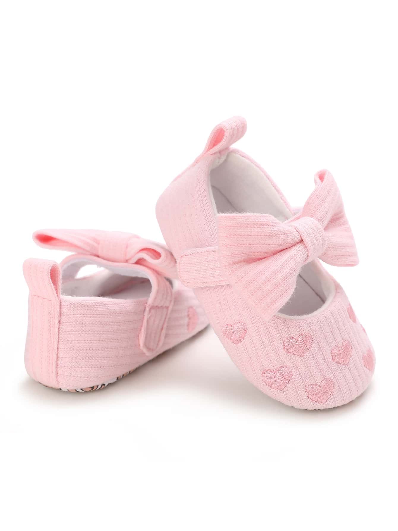 Baby Heart Embroidered Bow Decor Mary Jane Flats - Pink - View 1
