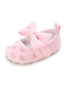 Baby Heart Embroidered Bow Decor Mary Jane Flats - Pink - View 3