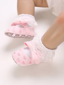 Baby Heart Embroidered Bow Decor Mary Jane Flats - Pink - View 5