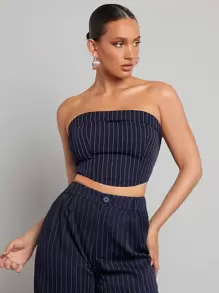 SHEINNeu Top tubo corto de rayas tejido de canalé - Azul Marino - Ver 1