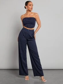 SHEINNeu Top tubo corto de rayas tejido de canalé - Azul Marino - Ver 4