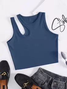 INAWLY Leisure Solid Cutout Shoulder Rib-Knit Tank Top For Summer - Dusty Blue - View 1