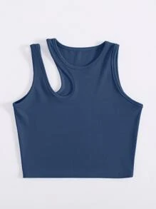 INAWLY Leisure Solid Cutout Shoulder Rib-Knit Tank Top For Summer - Dusty Blue - View 3