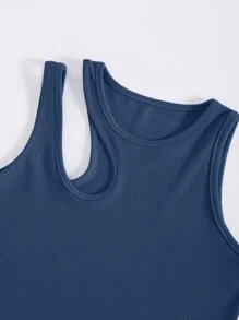 INAWLY Leisure Solid Cutout Shoulder Rib-Knit Tank Top For Summer - Dusty Blue - View 5