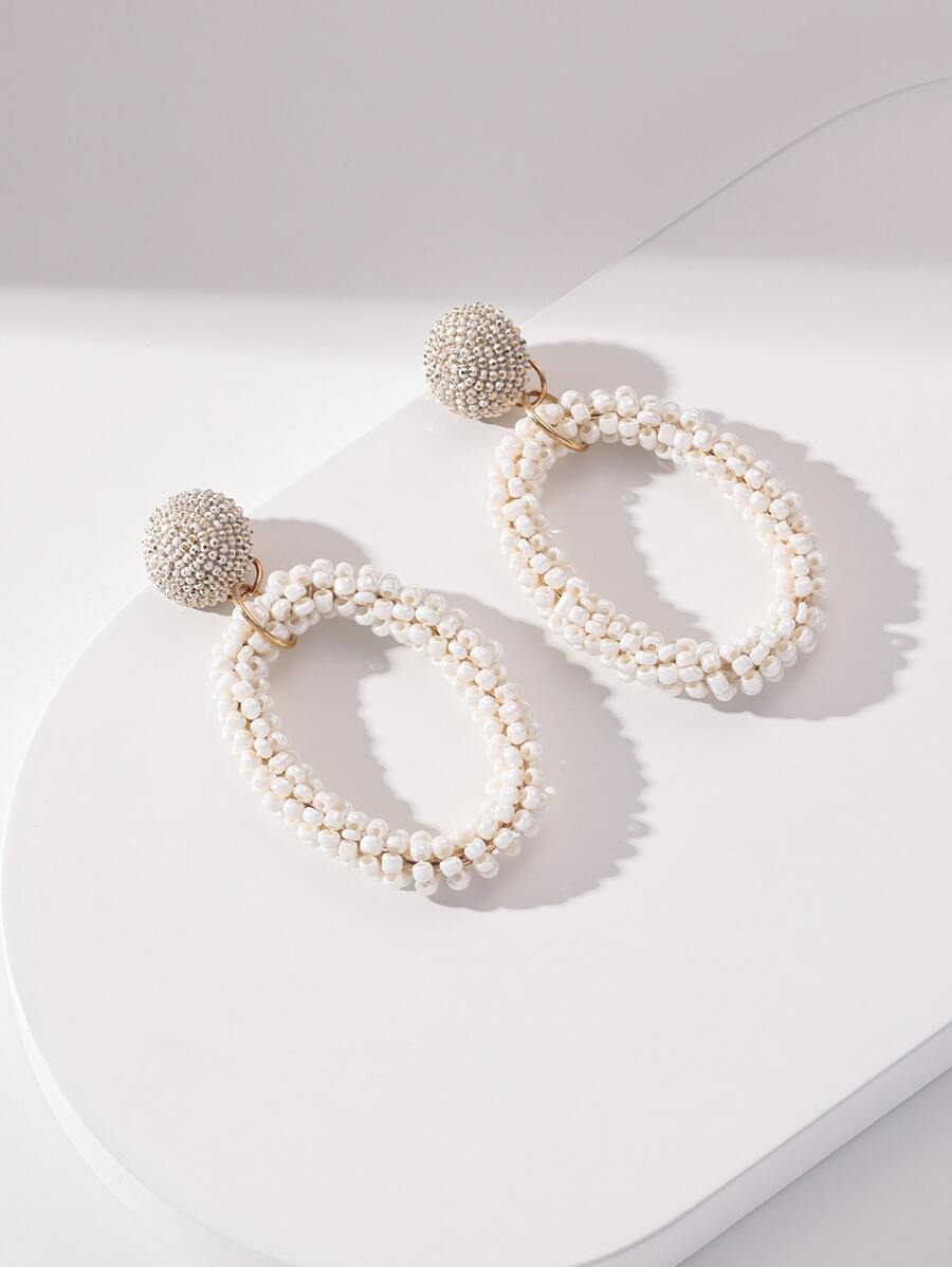 釘珠橢圓裝飾耳墜 - 白色 - 查看 1