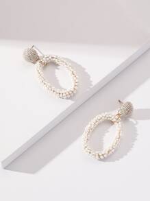 釘珠橢圓裝飾耳墜 - 白色 - 查看 2