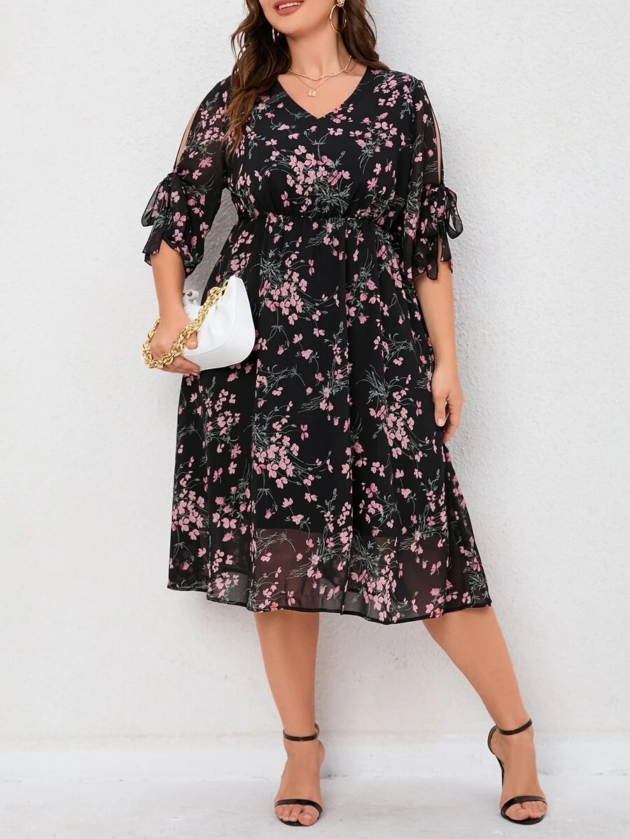 SHEIN LUNE Plus Floral Print Knot Sleeve Dress - Black - View 1