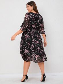 SHEIN LUNE Plus Floral Print Knot Sleeve Dress - Black - View 2