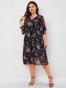 SHEIN LUNE Plus Floral Print Knot Sleeve Dress - Black - View 3