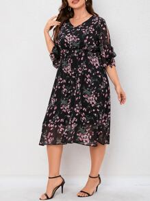 SHEIN LUNE Plus Floral Print Knot Sleeve Dress - Black - View 4