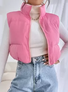 SHEIN EZwear 拉鏈開襟羽絨背心大衣 - 粉色 - 查看 4