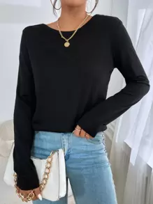 SHEIN Essnce Camiseta unicolor girante de espalda abierta - Negro - Ver 2