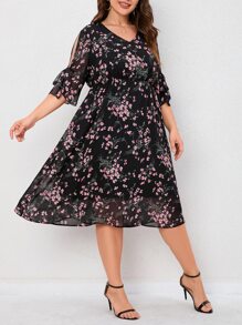 SHEIN LUNE Plus Floral Print Knot Sleeve Dress - Black - View 5