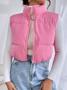 SHEIN EZwear 拉鏈開襟羽絨背心大衣 - 粉色 - 查看 5