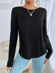 SHEIN Essnce Camiseta unicolor girante de espalda abierta - Negro - Ver 3