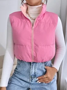 SHEIN EZwear 拉鏈開襟羽絨背心大衣 - 粉色 - 查看 6