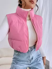 SHEIN EZwear 拉鏈開襟羽絨背心大衣 - 粉色 - 查看 7