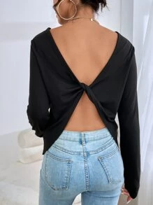 SHEIN Essnce Camiseta unicolor girante de espalda abierta - Negro - Ver 4