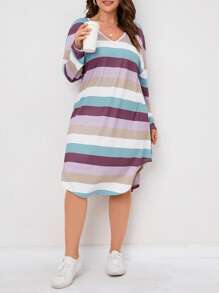 SHEIN LUNE Plus Block Striped Drop Shoulder Tee Dress