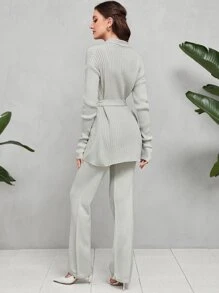 Mulvari Drop Shoulder Belted Cardigan & Knit Trousers - Light Grey - View 2