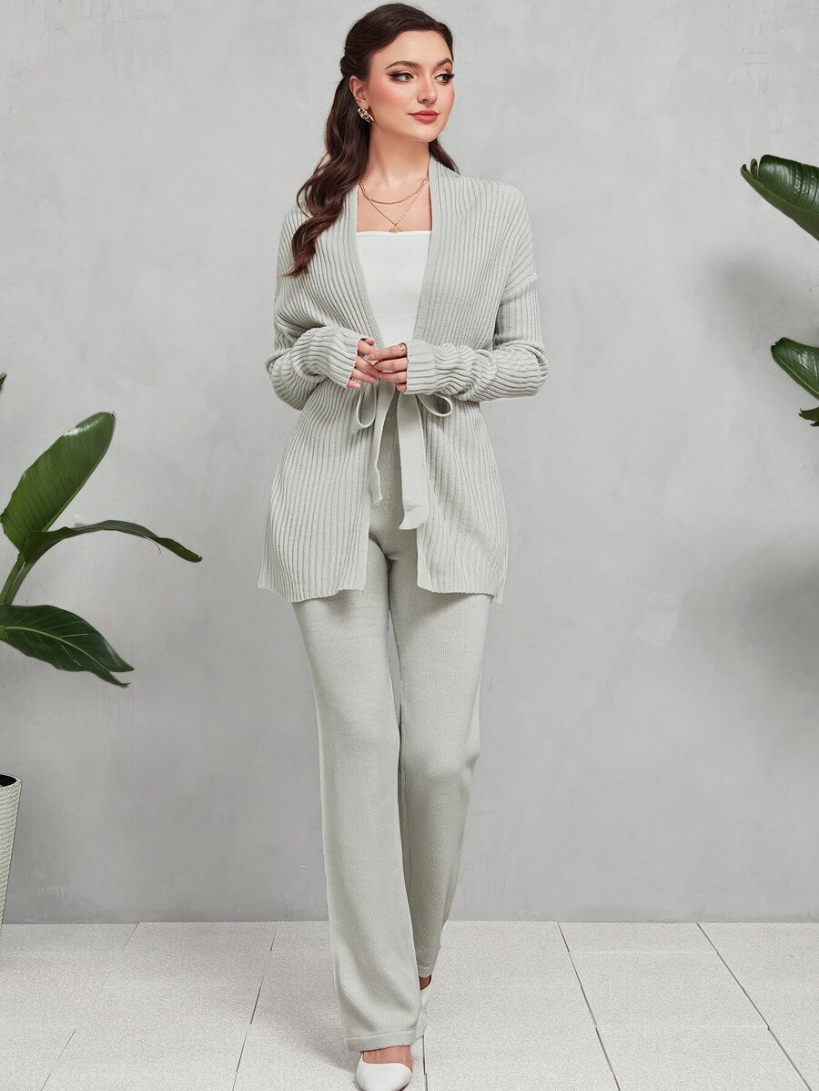 Mulvari Drop Shoulder Belted Cardigan & Knit Trousers - Light Grey - View 1