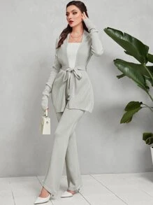 Mulvari Drop Shoulder Belted Cardigan & Knit Trousers - Light Grey - View 4