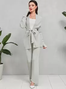 Mulvari Drop Shoulder Belted Cardigan & Knit Trousers - Light Grey - View 5